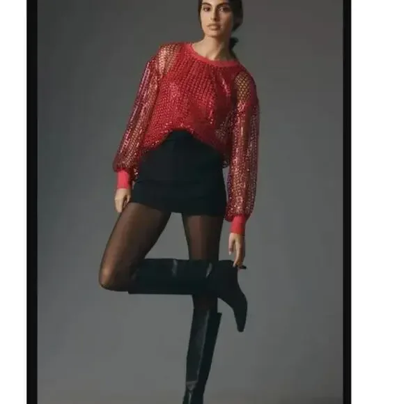 Raspberry Sequin Pilcro Anthropoloie Top XXS - Picture 9 of 10